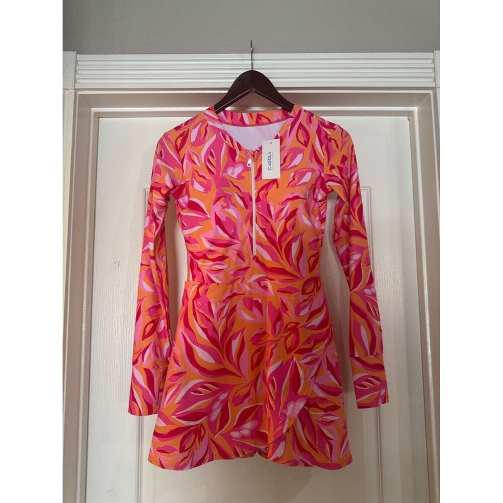Cagola Rash Guard Swimsuit Long Sleeve Swim Dress Bra Pockets Pink Orange S NWT - Picture 2 of 9